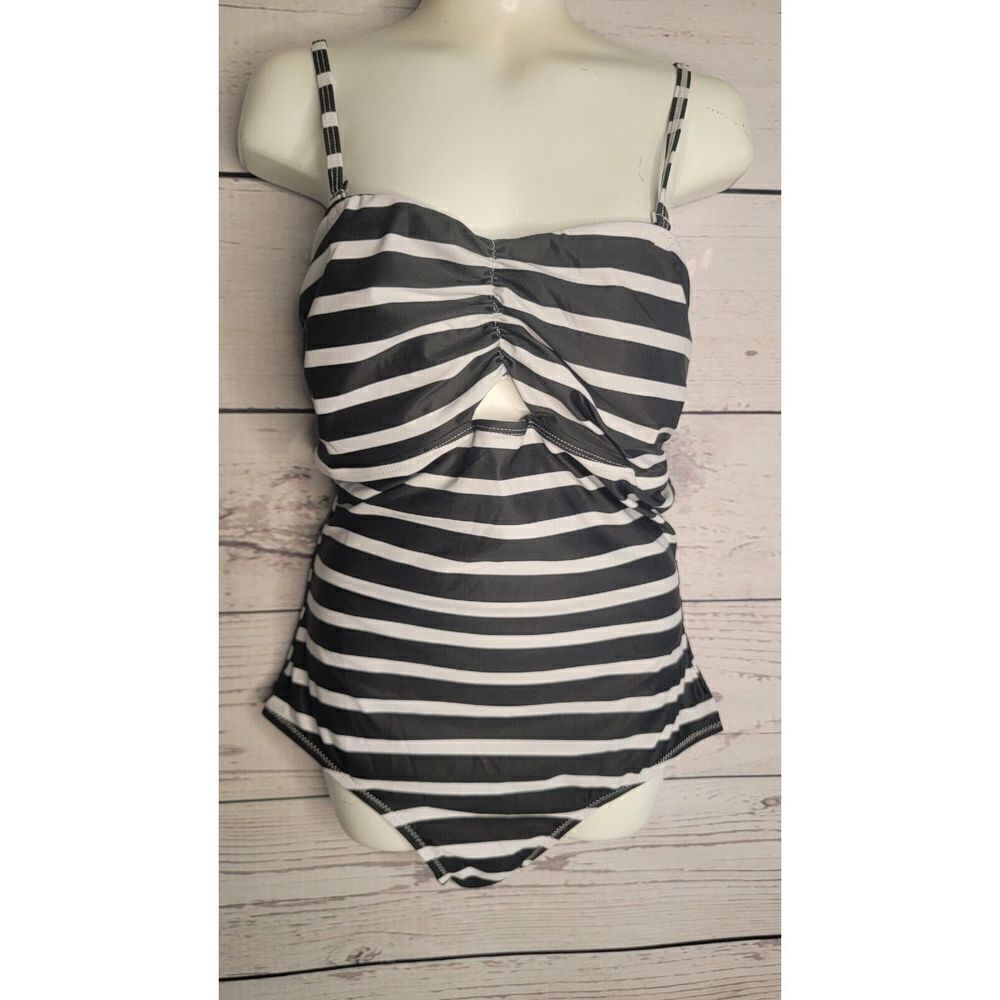 Esmara Striped One Piece Swimsuit Cut Out Ruched Front Swimwear size 10